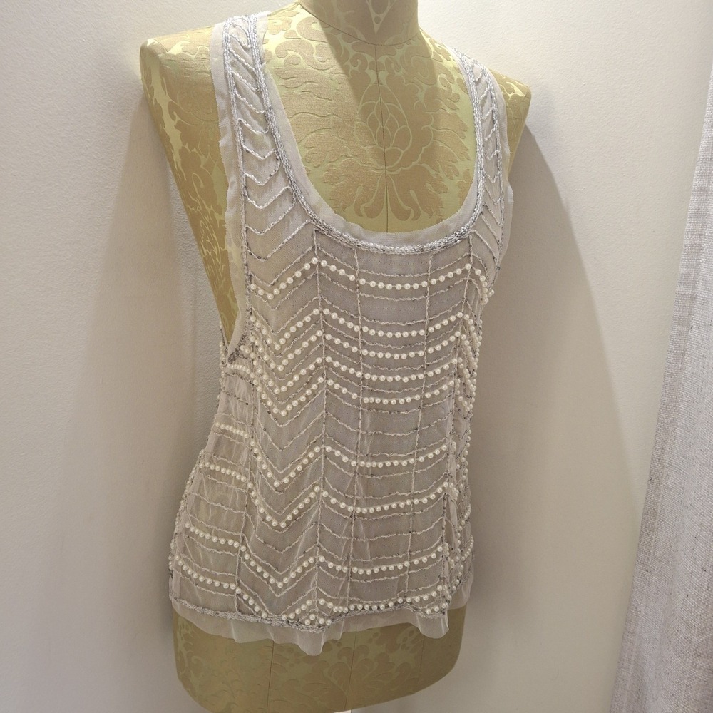 English Rose Sheer Beaded Blouse Relaxed Fit Small Boho Glam Festival Summer